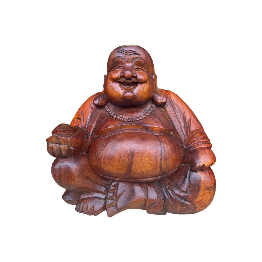 Wooden laughing Buddha statue on a white background