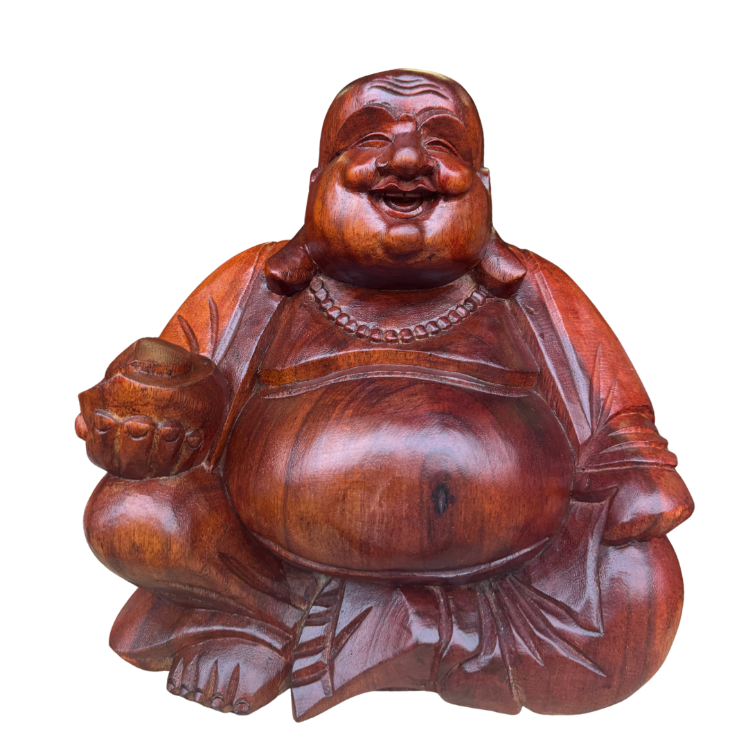 close up seated smiling figurine in deep rosewood finish, holding a gold ingot, detailed robe and bead necklace carving, Small size 30x38cm