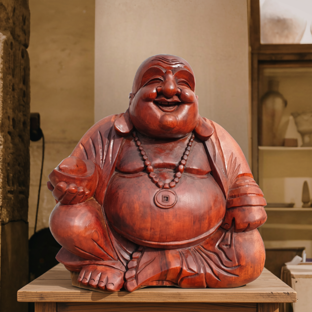 Medium 40cm figurine displayed on a timber plinth in a warm artisan workshop setting, rich reddish-brown finish with carved bead necklace and coin pendant