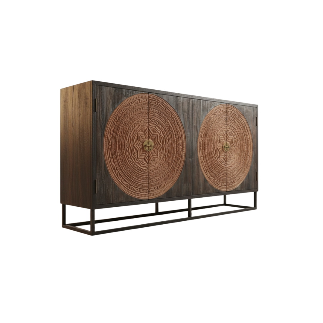 Dark teak sideboard angle view, twin carved mandala circle doors with antique brass ring handles, black metal frame base, white background


