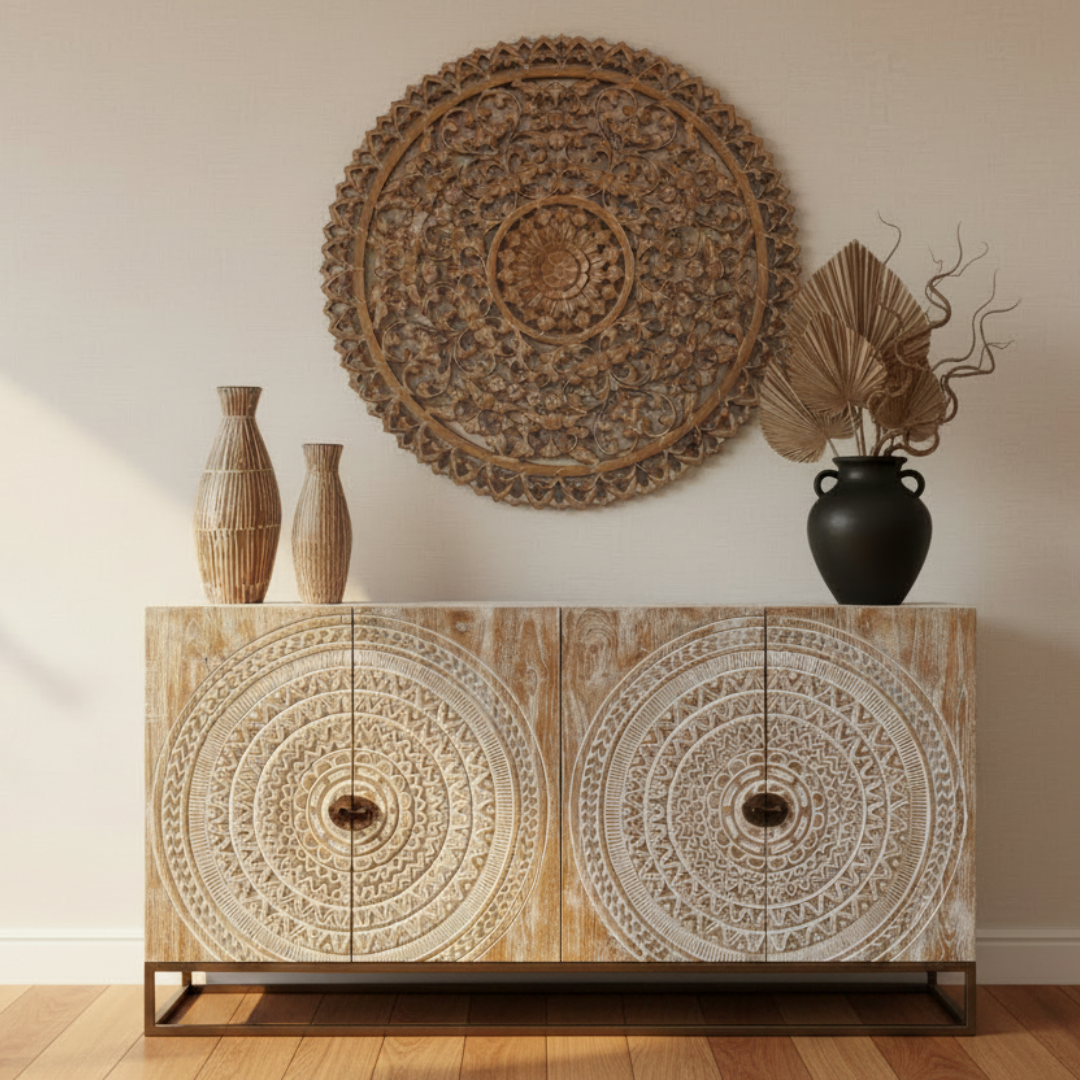 Whitewash teak sideboard styled with ribbed bamboo vases and black ceramic pot with dried palm fan leaves, large carved mandala wall art above, warm timber floor