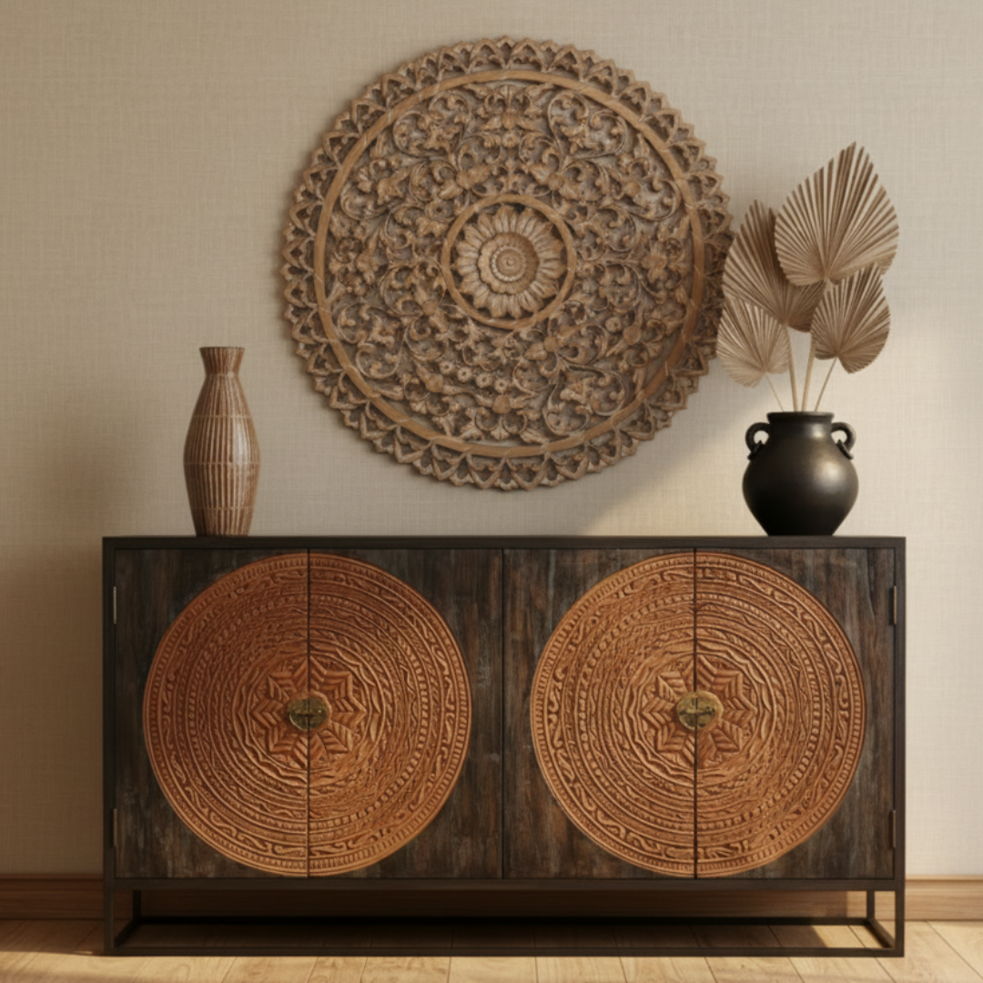 Dark teak sideboard styled with bamboo vase and dried palm fan leaves, large carved mandala wall art above, warm neutral wall