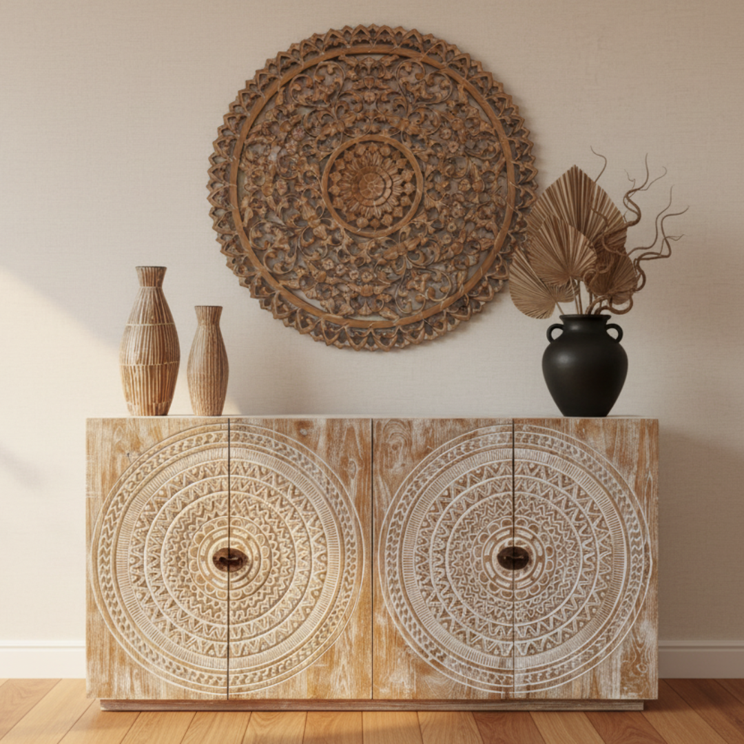Whitewash teak sideboard front view styled with ribbed bamboo vases and black ceramic pot with dried palm fan leaves, large carved mandala wall art above, warm timber floor
