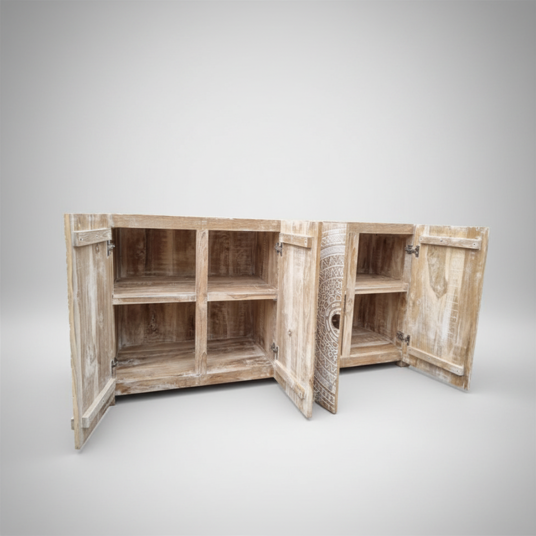 Whitewash teak sideboard with all four doors open showing six internal storage shelves and carved detail on doors