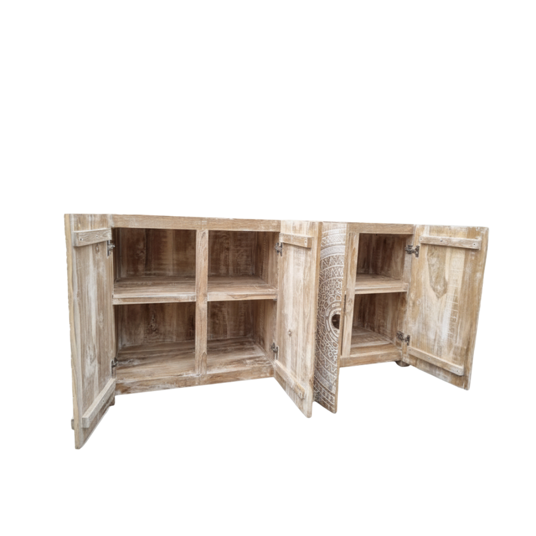 Natural teak sideboard interior view with all four doors open showing six storage shelves and carved door detail