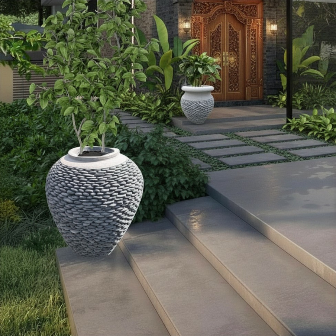 Balinese Pebble Garden Pots stocked stone design on stone steps with a garden and wooden door in the background