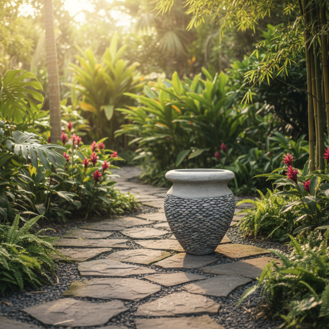 Small 45cm on stone path surrounded by tropical garden greenery