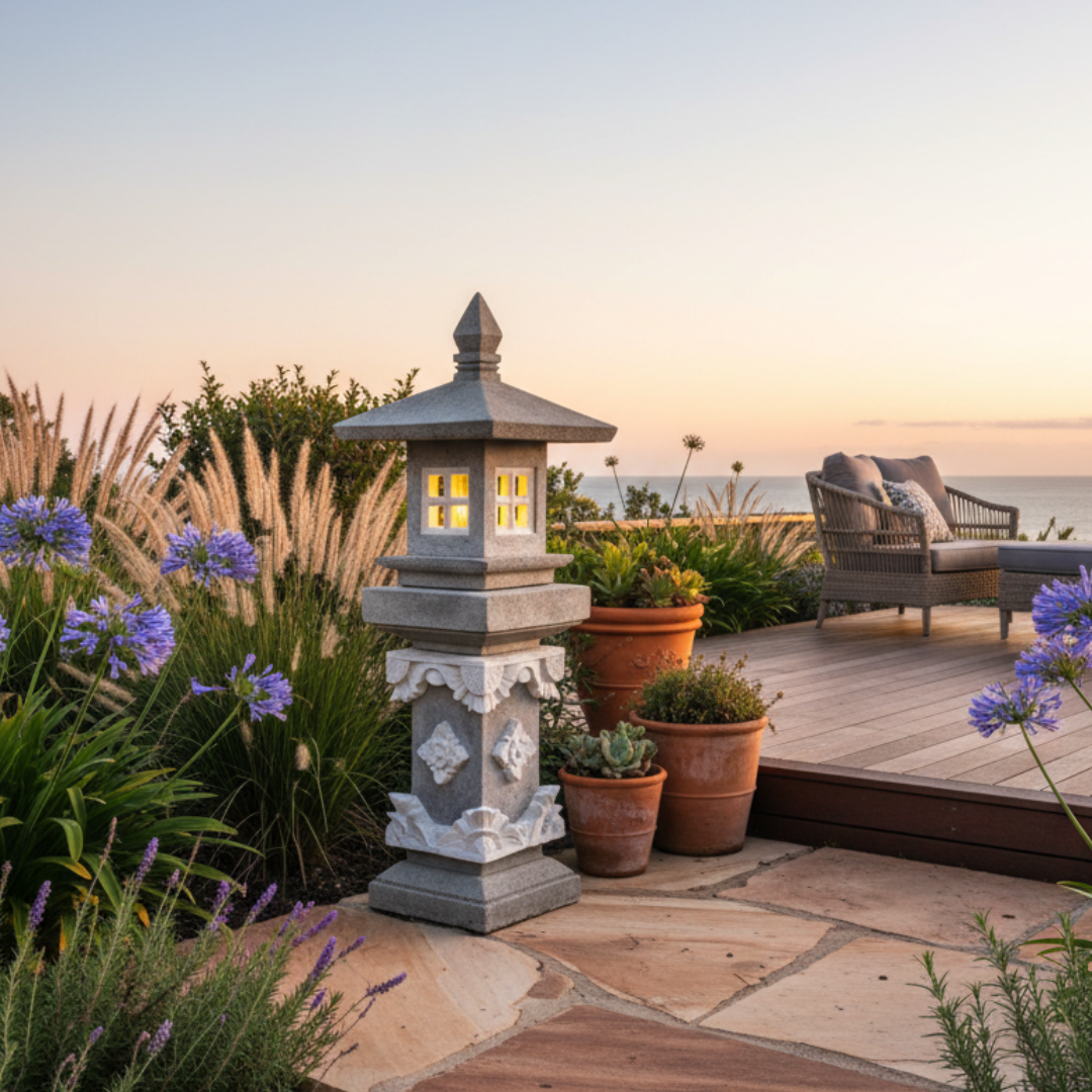 glowing warmly at dusk on a sandstone terrace surrounded by ornamental grasses and coastal plants