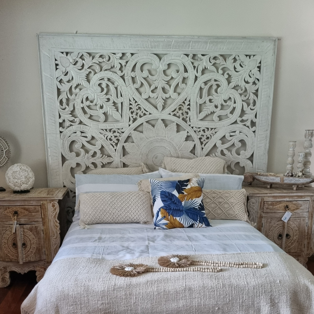 Balinese Style King Size Bed Head bedroom setting with a traditional style balinese artwork 
