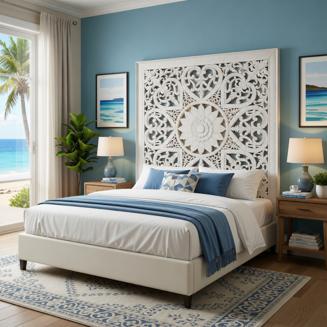 White cut MDF Balinese wall panel behind a king bed in a coastal bedroom with blue walls, ocean view, tropical plants and blue linen accents