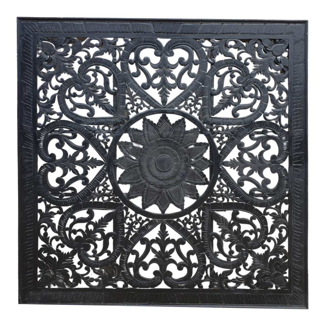 Black cut MDF Balinese wall panel 200cm x 200cm showing full symmetrical design with central floral mandala, heart corners and intricate scroll detailing on white background