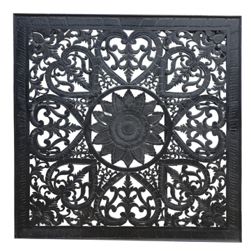 Black cut MDF Balinese wall panel 200cm x 200cm showing full symmetrical design with central floral mandala, heart corners and intricate scroll detailing on white background