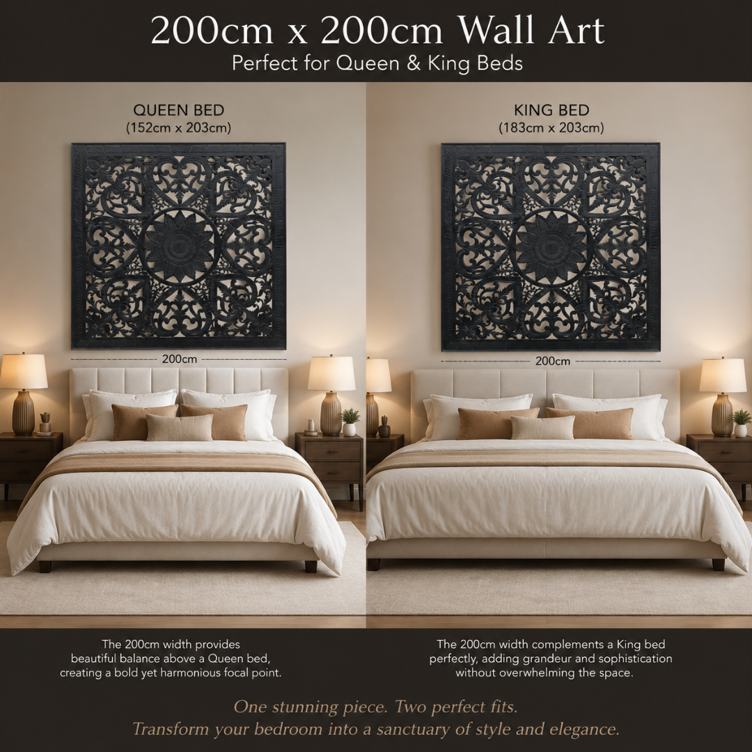 Size comparison infographic showing a 200cm x 200cm black Balinese cut MDF wall panel mounted above a queen bed (152cm x 203cm) and a king bed (183cm x 203cm) side by side