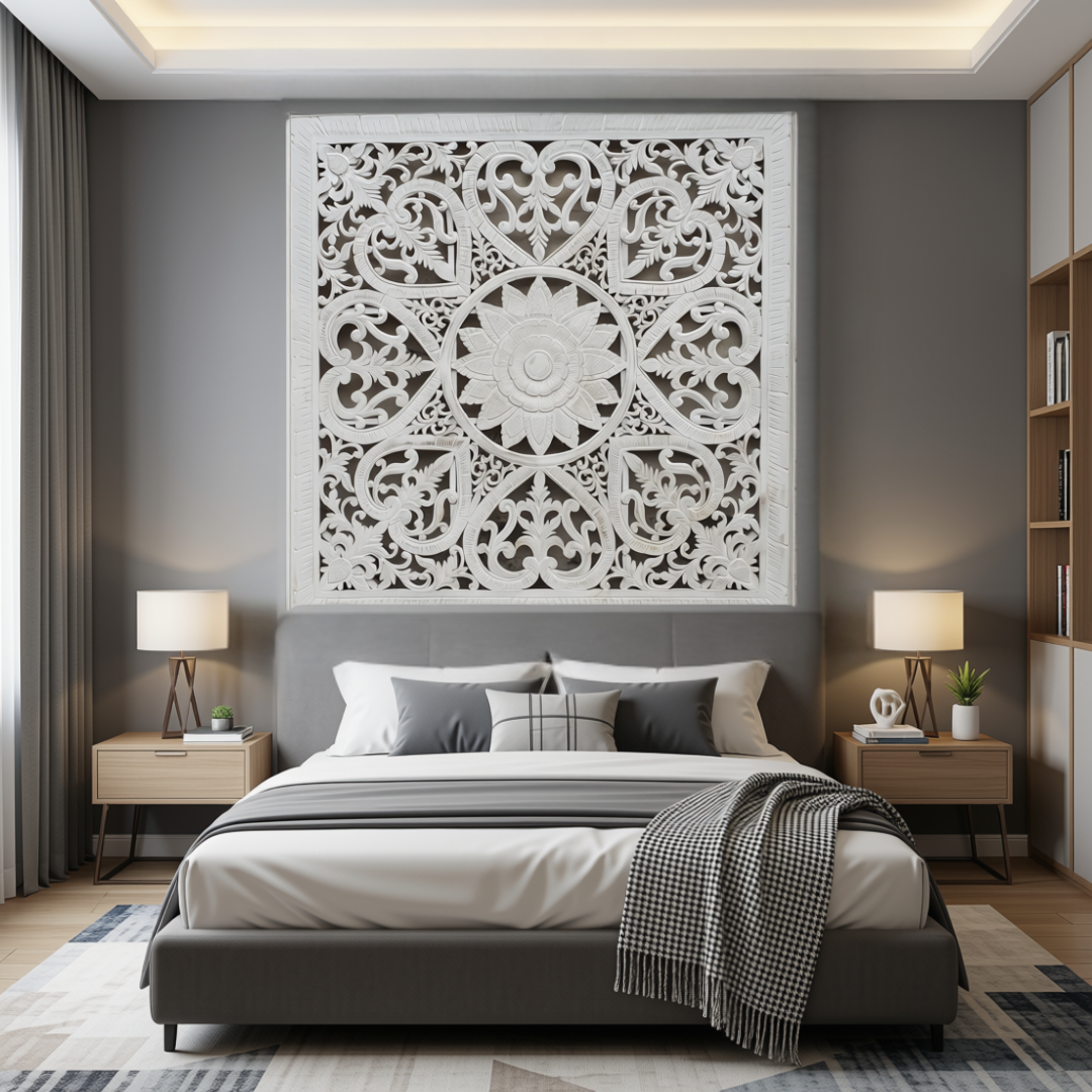 panel in white mounted high on a grey feature wall behind a king bed with grey upholstered base and layered cushions in a modern bedroom