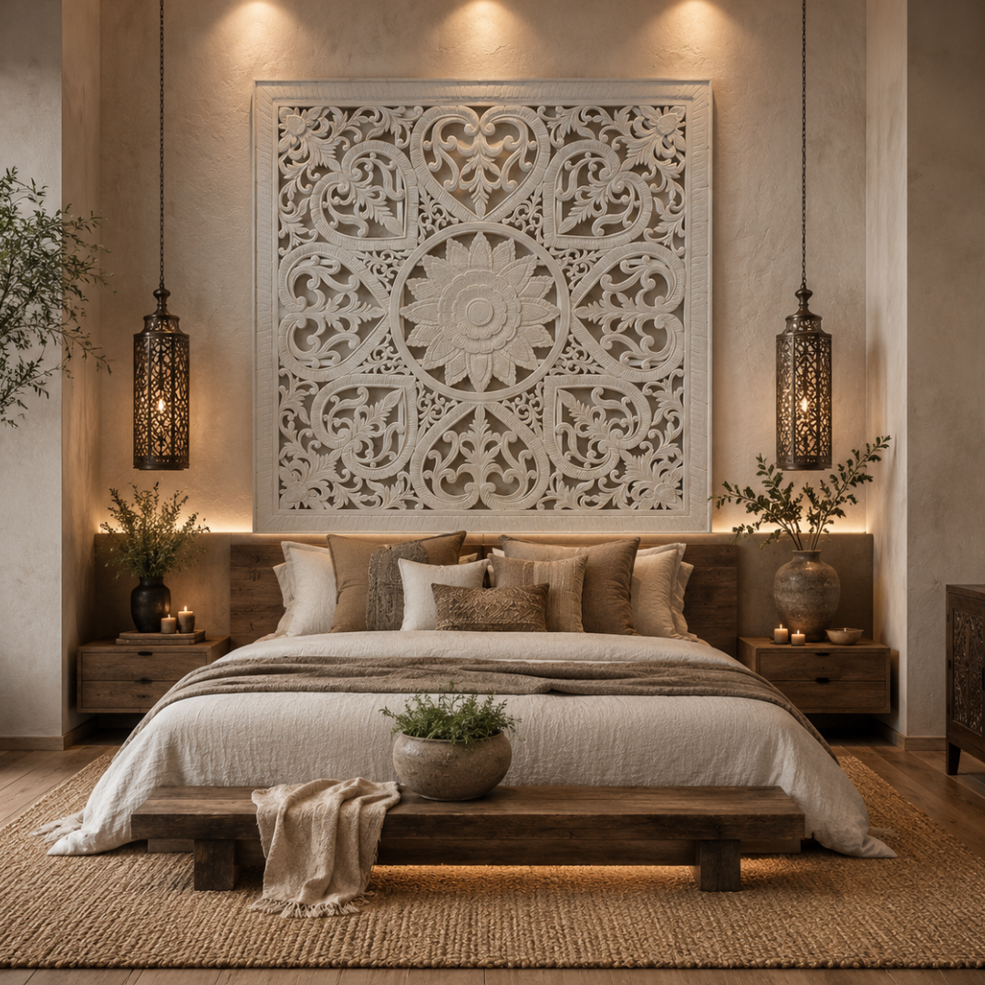 White cut MDF wall panel mounted above a low timber platform king bed with hanging Moroccan lanterns, layered cream and tan cushions, jute rug and warm ambient candlelight