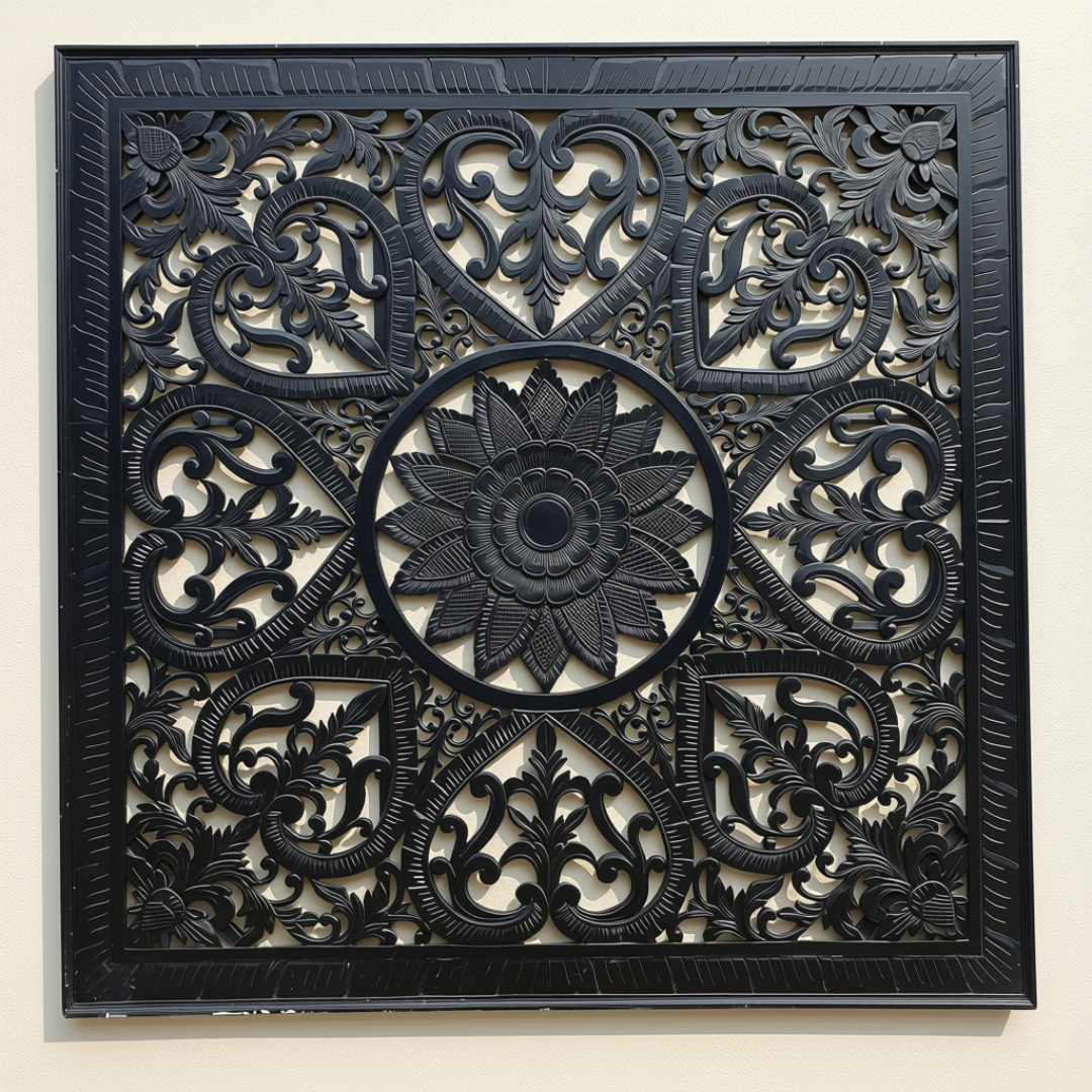 panel mounted on a cream wall showing full symmetrical design with central lotus mandala, heart motifs and scrolling leaf detailing