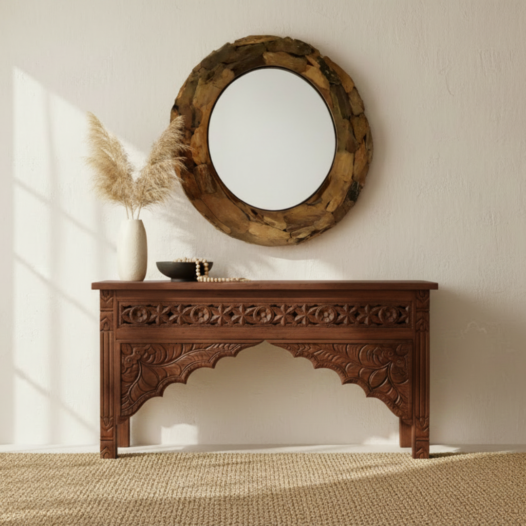 Balinese style teak console table styled in a warm Hamptons hallway with driftwood mirror and pampas grass