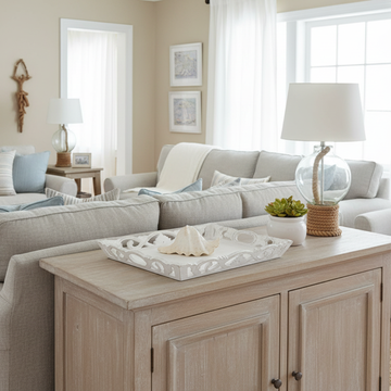 Balinese whitewash carved wooden tray styled as decorative art on a cabinet in a coastal Hamptons living room