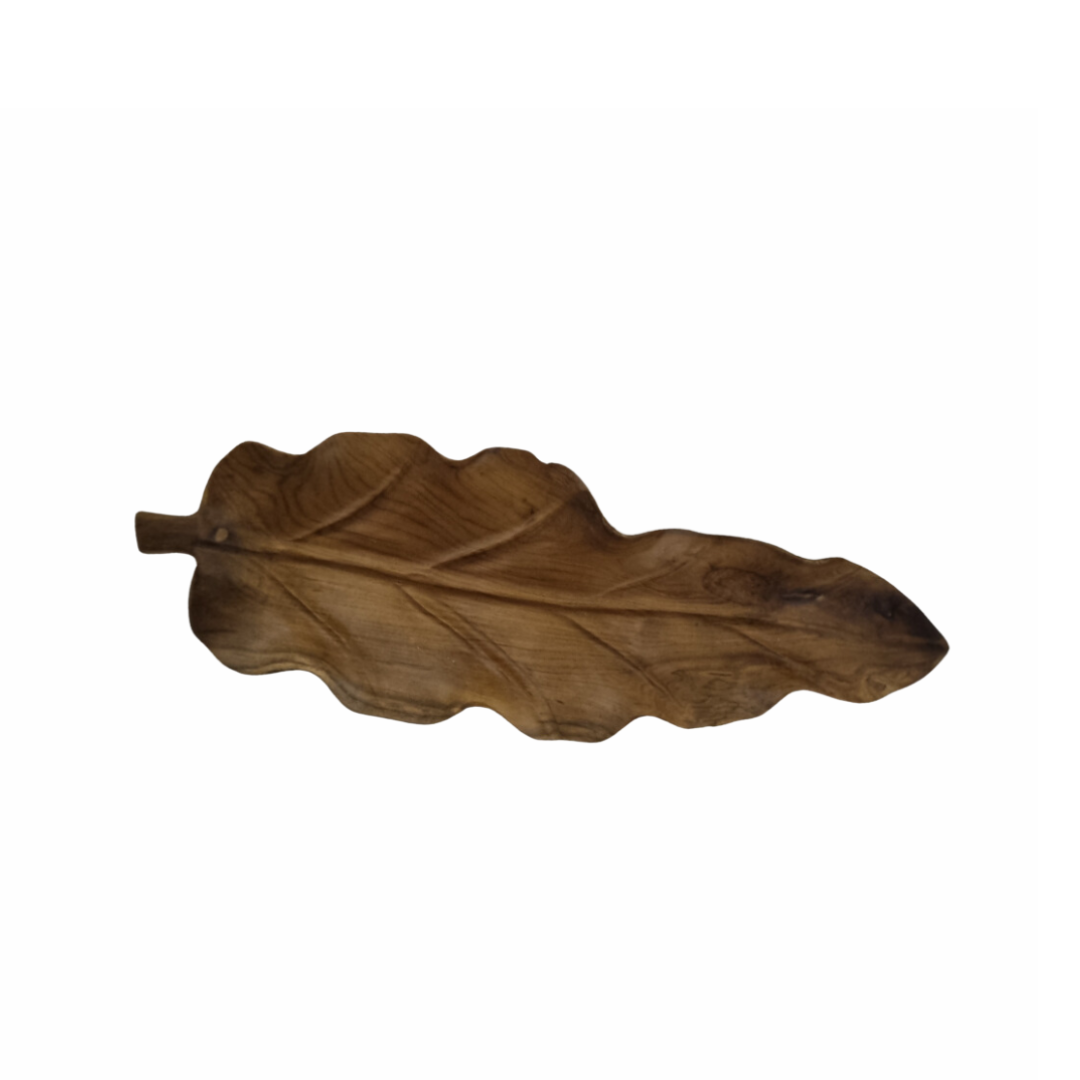 Handcrafted teakwood leaf tray Style 1 (62x20cm) on white background showing full leaf silhouette and natural wood vein detail