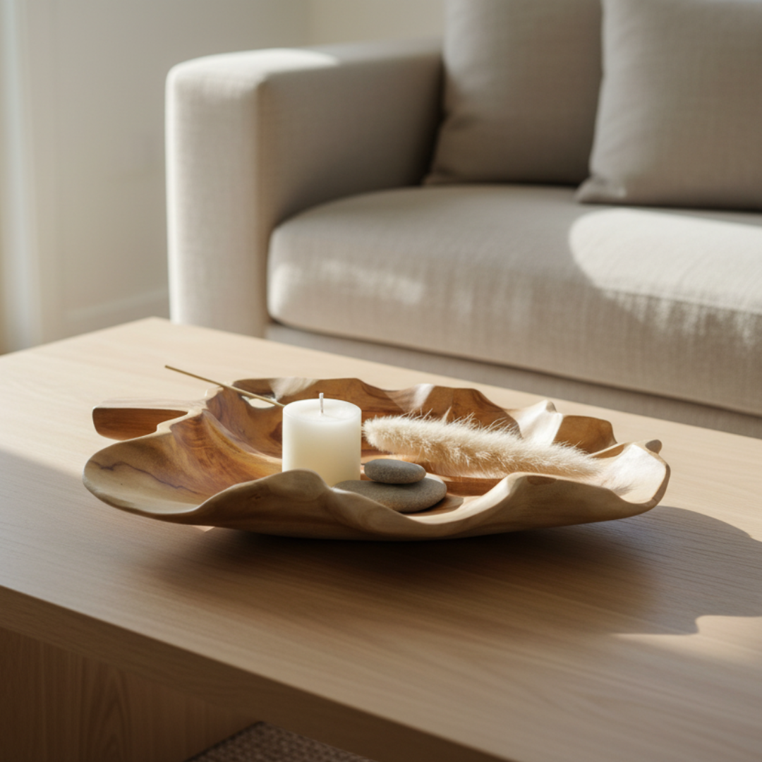 Handcrafted teakwood leaf tray Style 2 styled on a light oak coffee table in a coastal living room with white pillar candle, pampas grass and river stones — Australian home decor