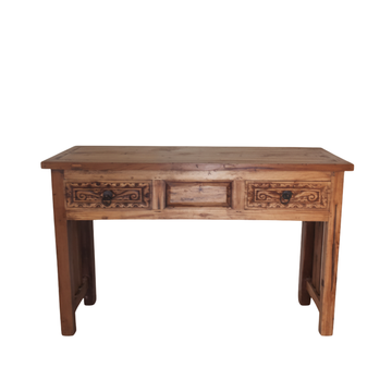 Balinese hand-carved reclaimed teak console table buffet with three drawers and iron ring pulls on white background