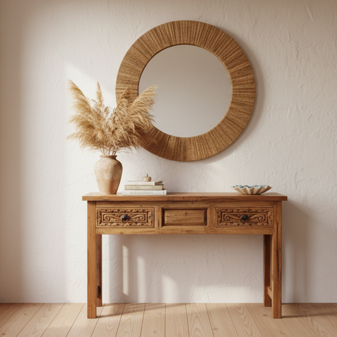 Beach House design table with carved drawers styled in a beach house hallway with rattan mirror and pampas grass 