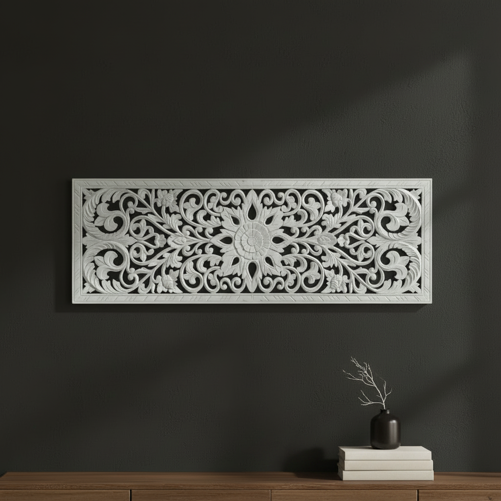 wall hanging set on a grey wall painted white 