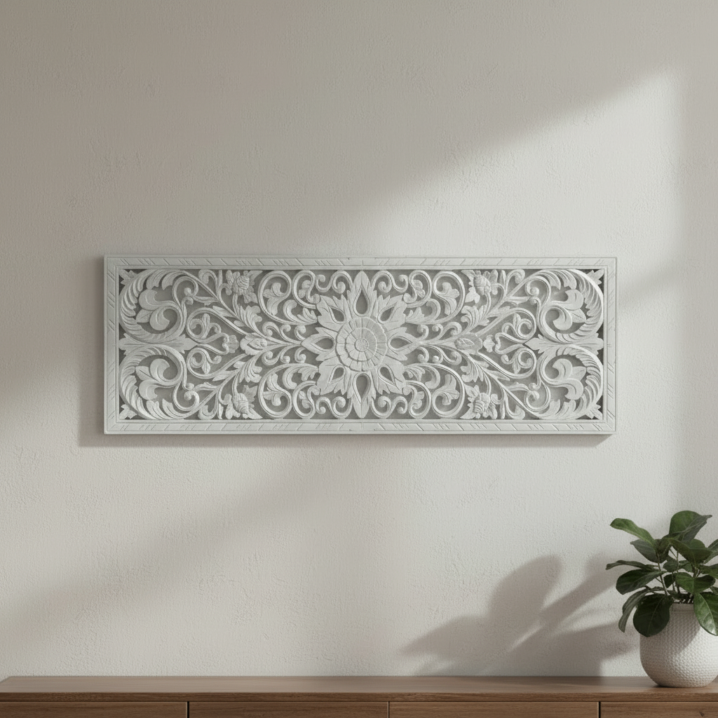 A rectangular white carved decorative wall panel with intricate floral and scrollwork, mounted on a light beige wall above a wooden console, with a small potted plant on the right.