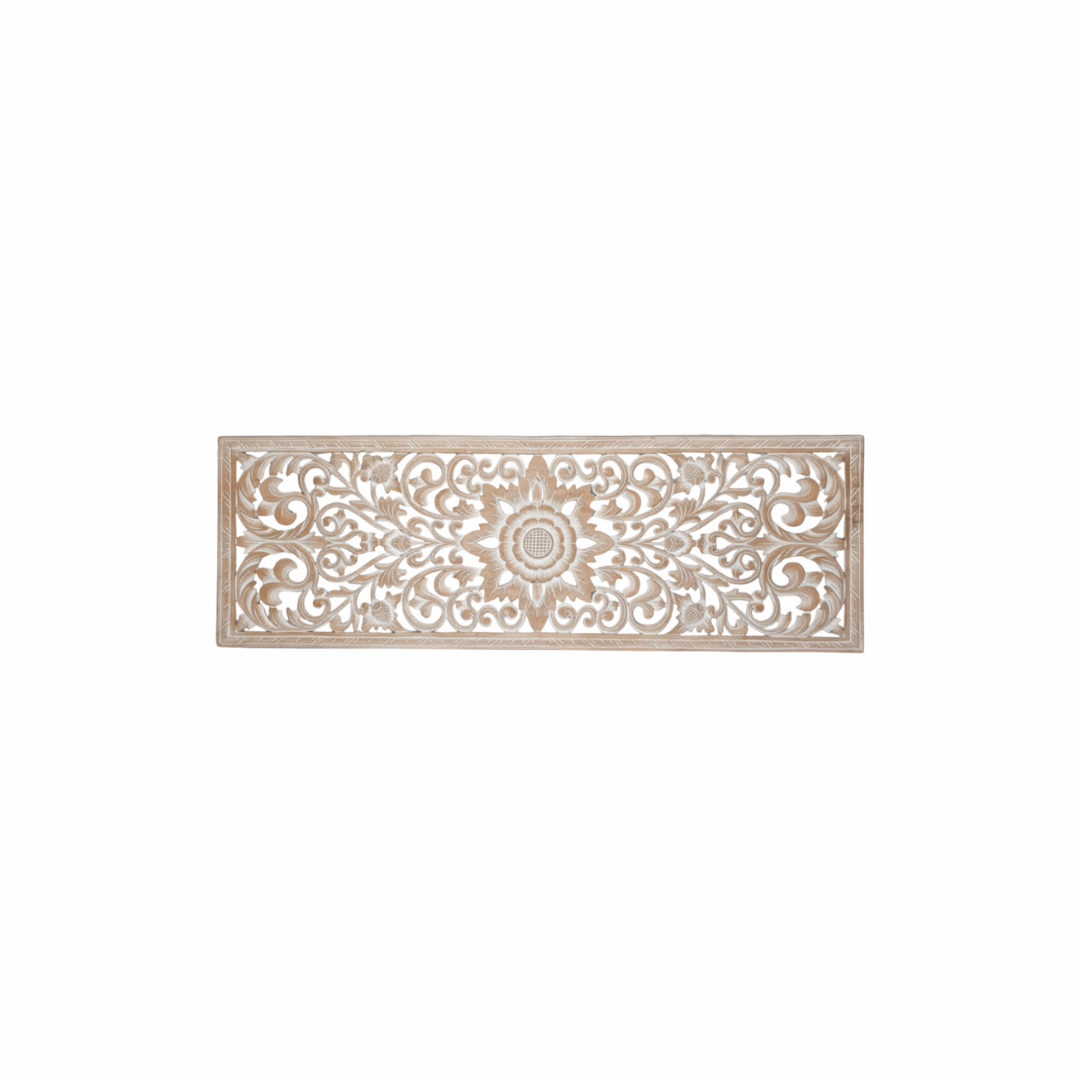  intricate floral scrollwork, acanthus leaves and central flower motif in whitewash finish, landscape orientation