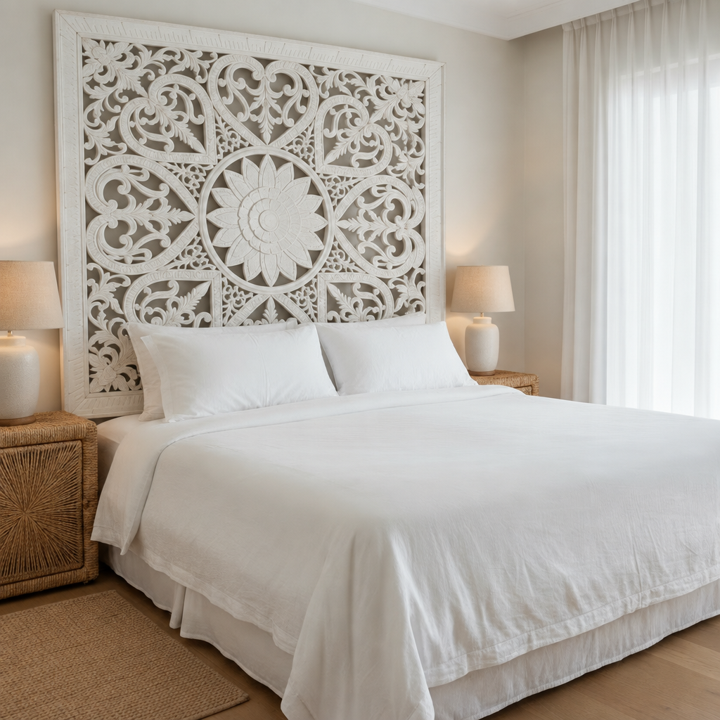 White-wash cut wall panel above a king bed on a feature wall, with the panel slightly wider than the bed
