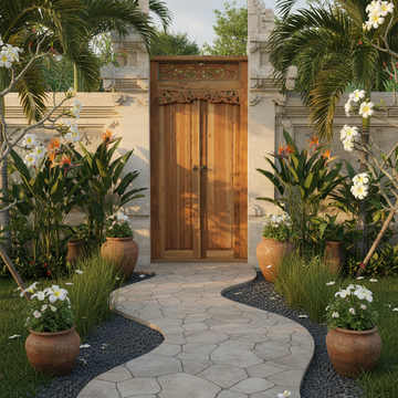 Hand-carved floral frieze styled in a grand tropical villa entrance, surrounded by bird of paradise, palm fronds and frangipani in warm golden hour light