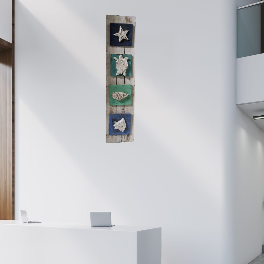 Decorative wall art with seashells and a starfish on a wooden board in a modern interior setting.
