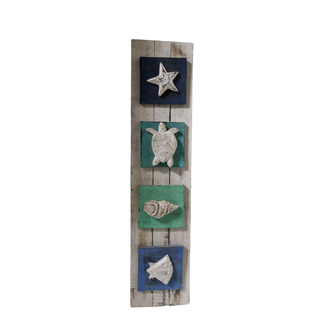 Decorative wall art with sea-themed elements on a wooden board.