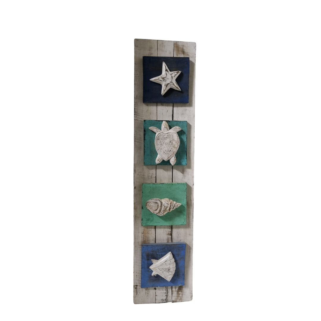 rustic style wooden plaque with nautricle style carved pieces such as starfish turtle shells on a white back wall
