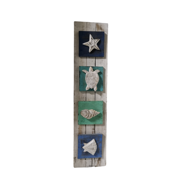 Four-panel wooden wall hanging featuring hand-carved starfish, sea turtle, spiral shell and clam on a distressed plank background