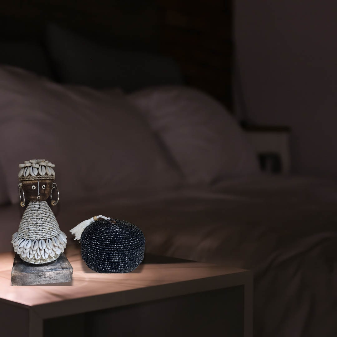 Decorative items on a table with a blurred background