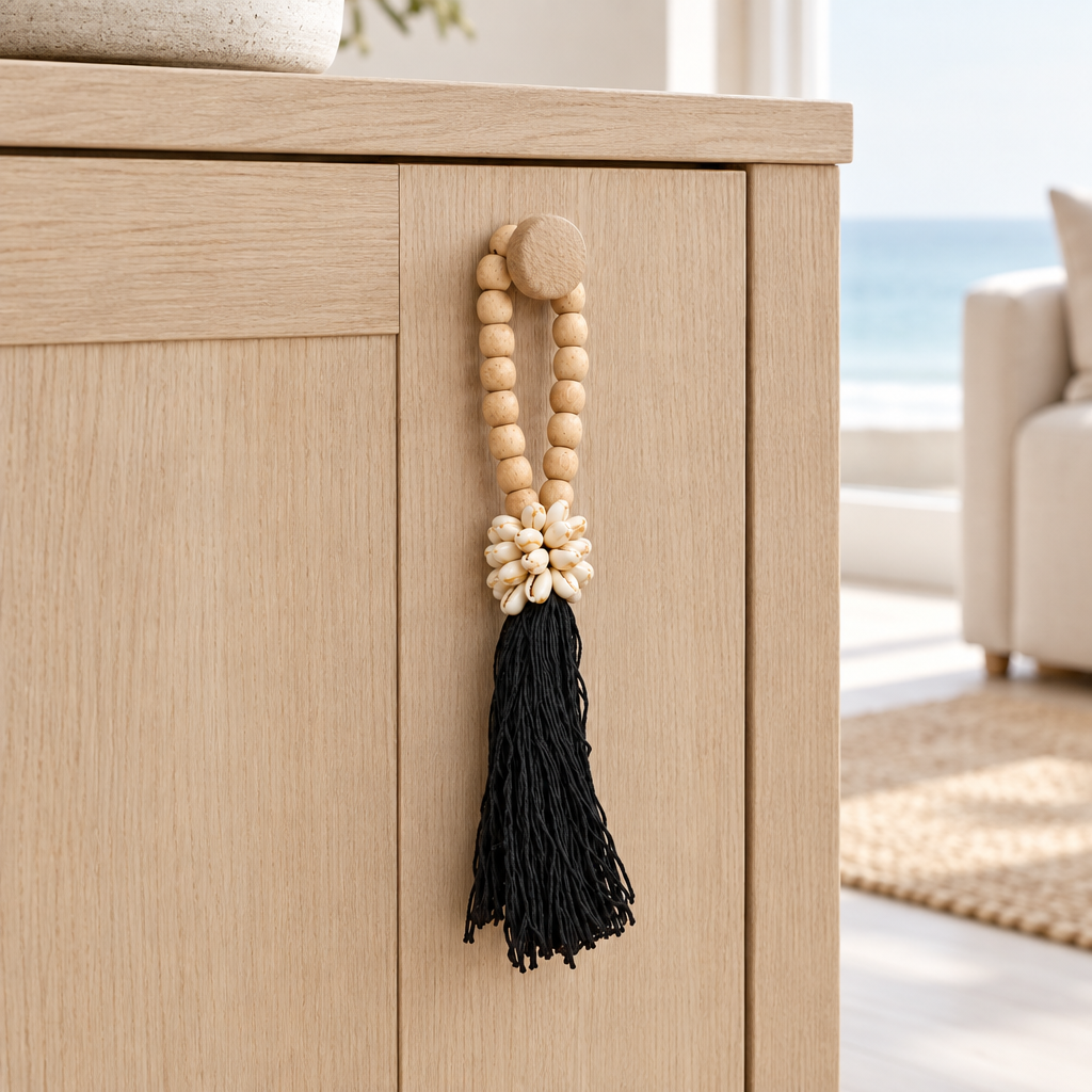 Black cotton strands draped from a timber cabinet knob in a neutral room