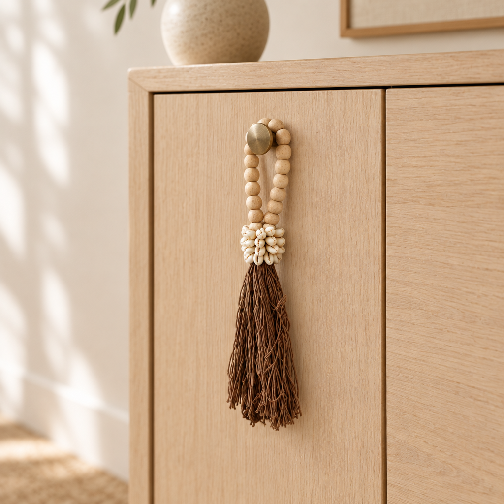 Brown cotton strands hanging from a brass knob on a pale timber cabinet