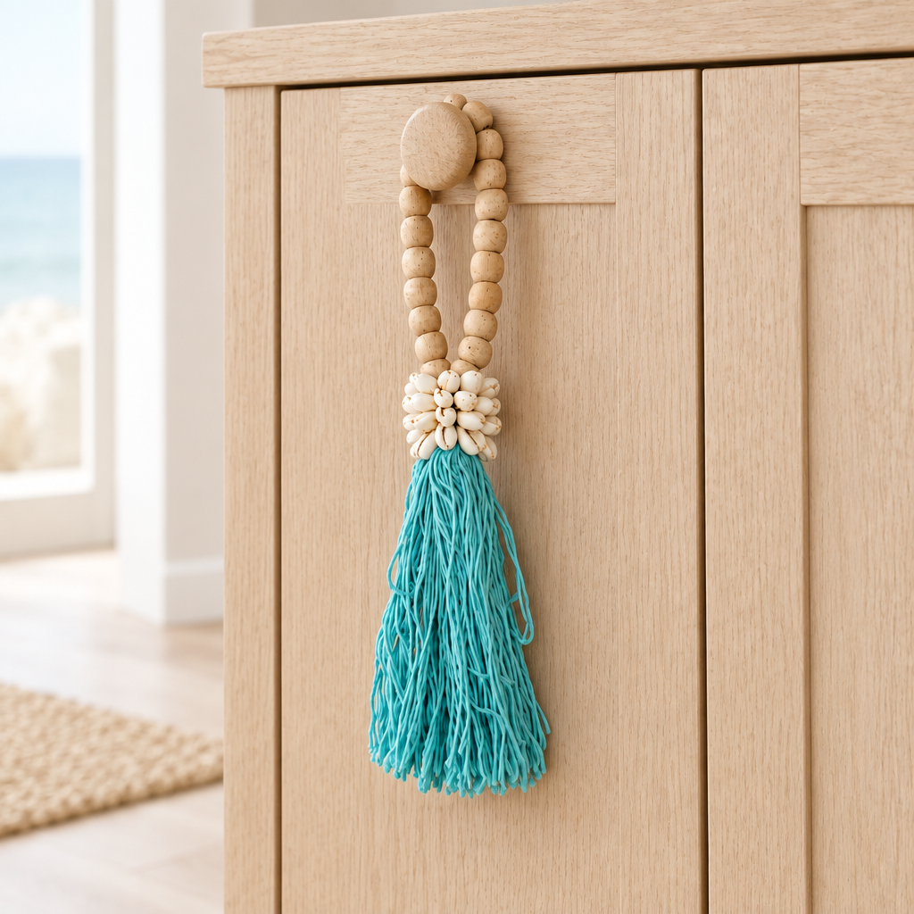 Turquoise cotton strands hanging from a pale timber cabinet knob