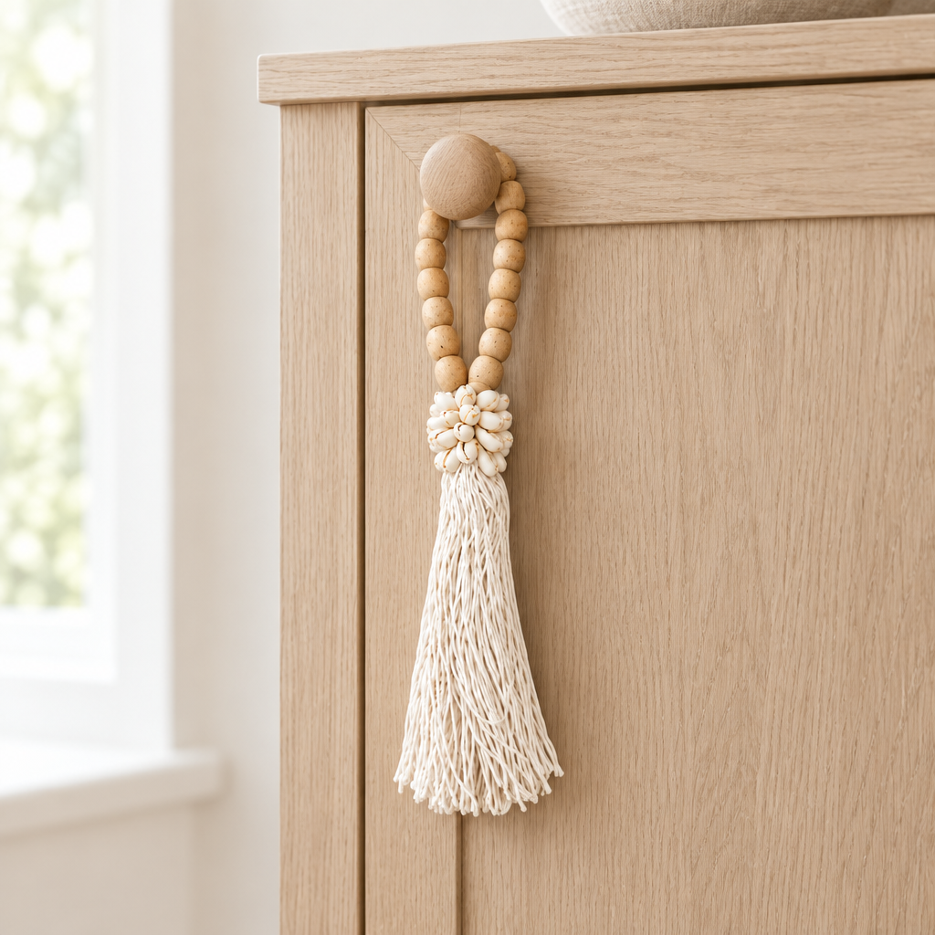 “White cotton strands draped from a pale timber cabinet knob in a bright room