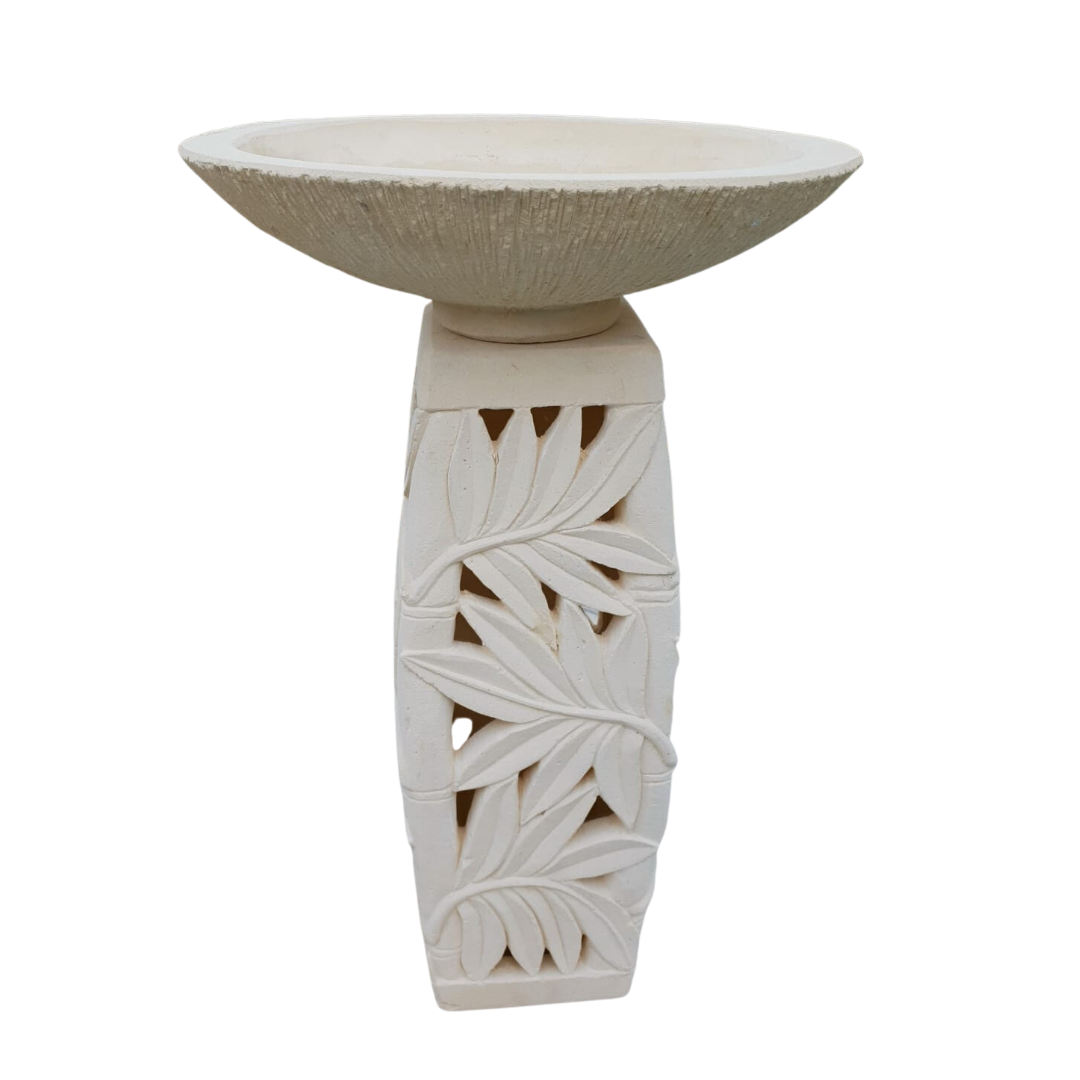 Bird Bath - Planter Garden Décor, fern-inspired concrete pedestal, white background