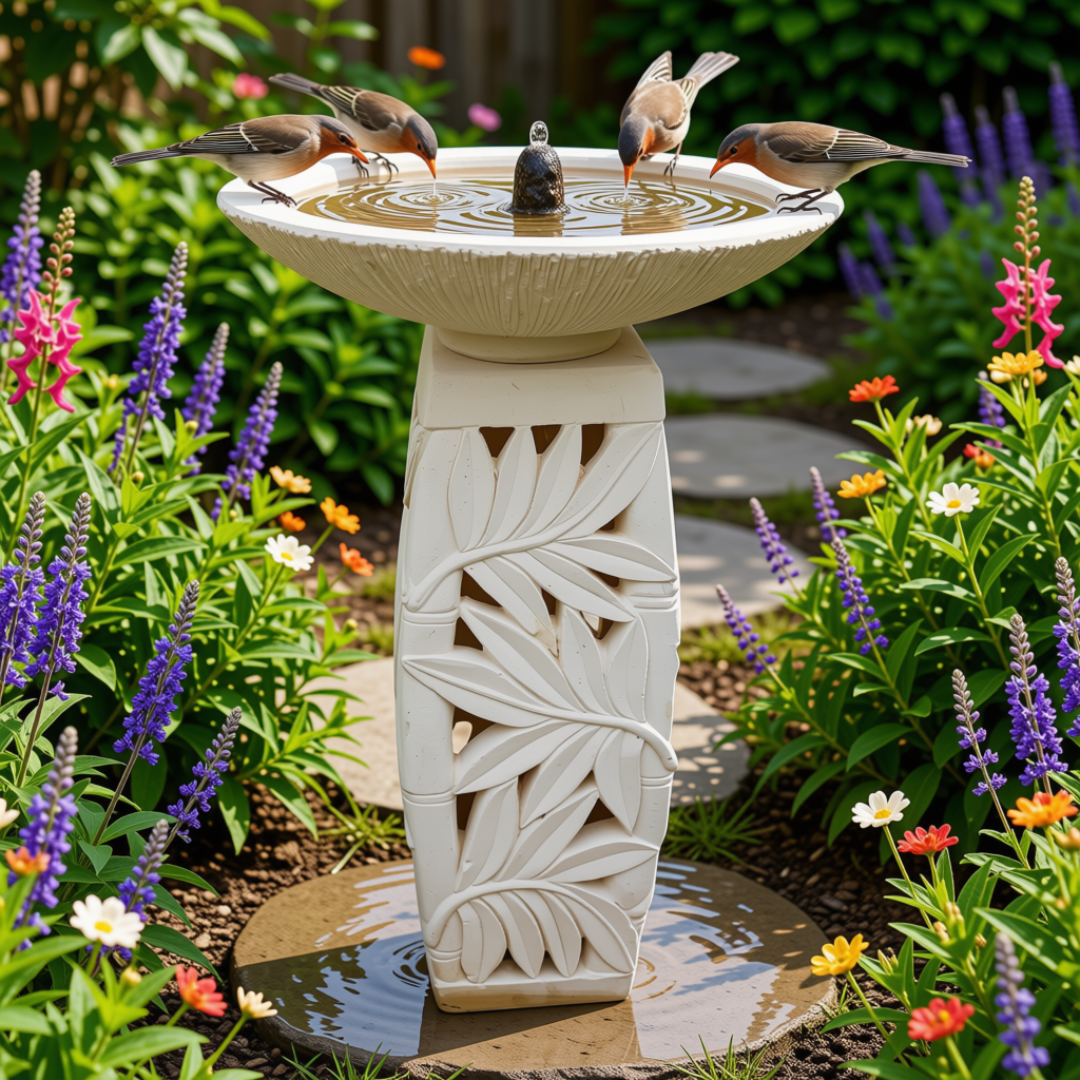  concrete pedestal with tropical leaf detail, cream finish, white background