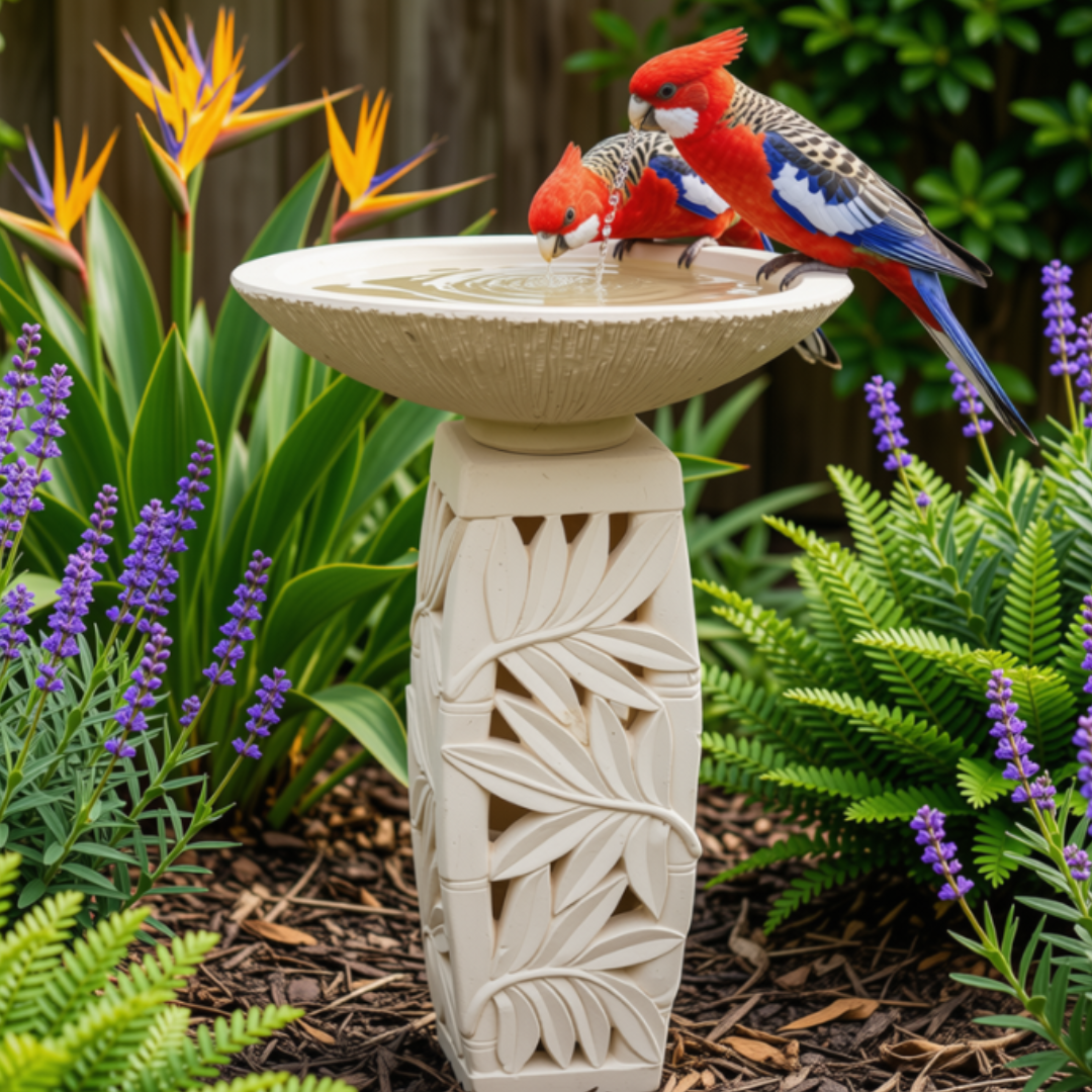 Small birds perched on a concrete pedestal surrounded by colourful cottage flowers