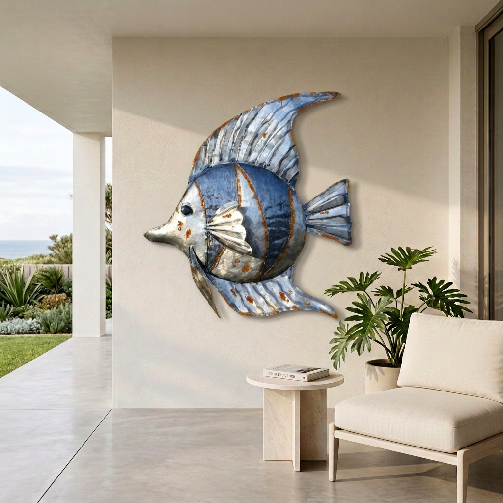  rust patina on a silver-toned fish sculpture, displayed on a covered patio beside a cream armchair and pale stone table.