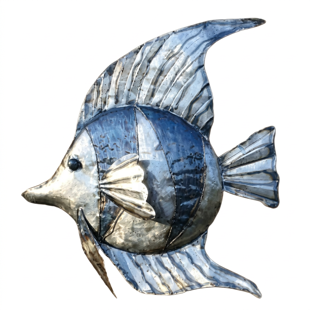 Silver-toned fish with blue panels, sweeping ribbed fins and a fan-shaped tail, shown against a white background.