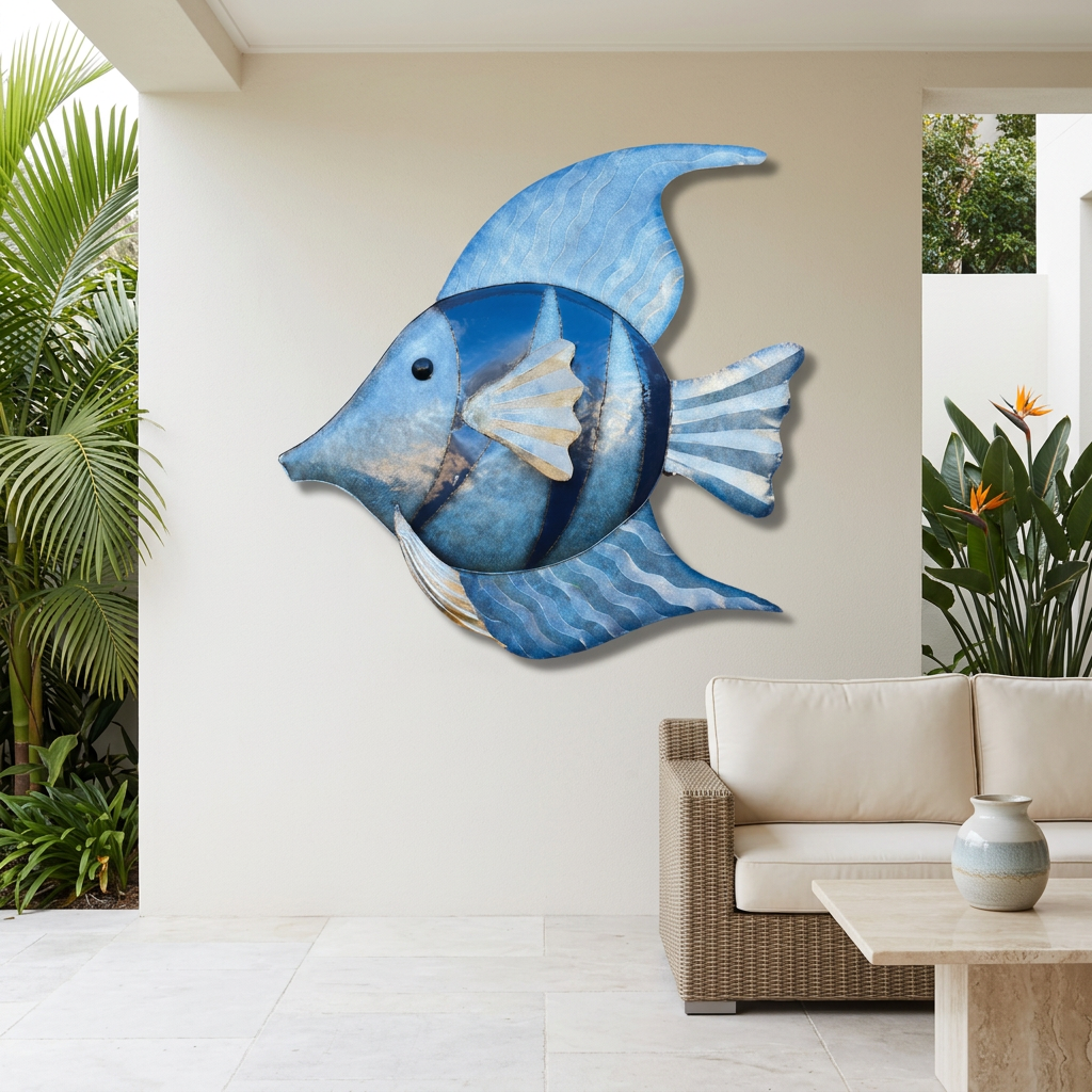 blue and silvery metal angel fish styled on a patio wall 