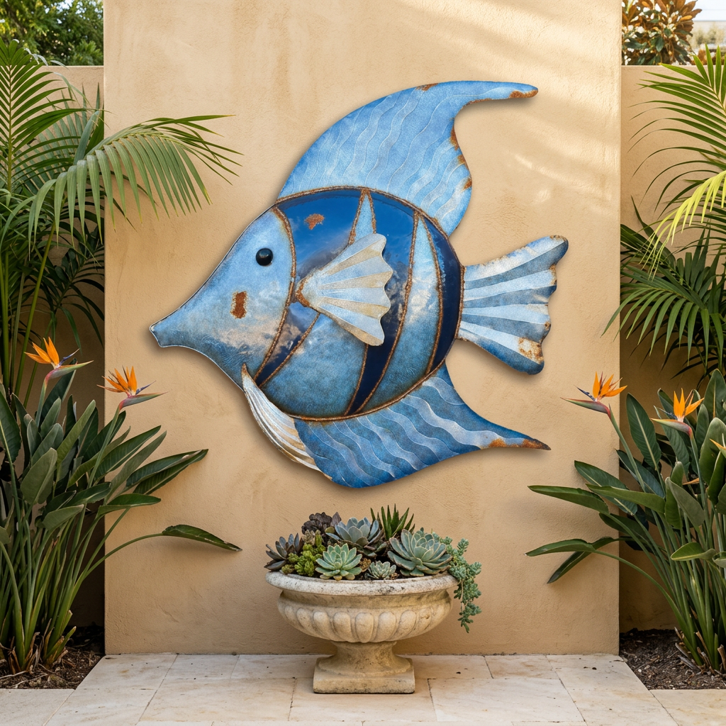 A tropical courtyard setting with light rust along the seams and edges, keeping most of the blue and silver visible. The rust is illustrative, as natural weathering will vary.