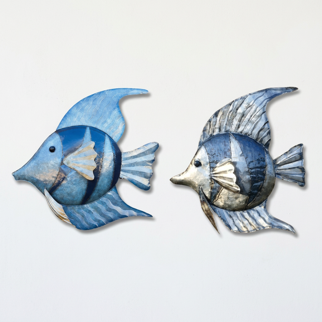 blue and silver angle fish display side by side on a wall