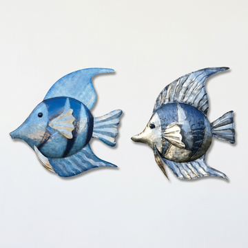 blue and silver angle fish display side by side on a wall