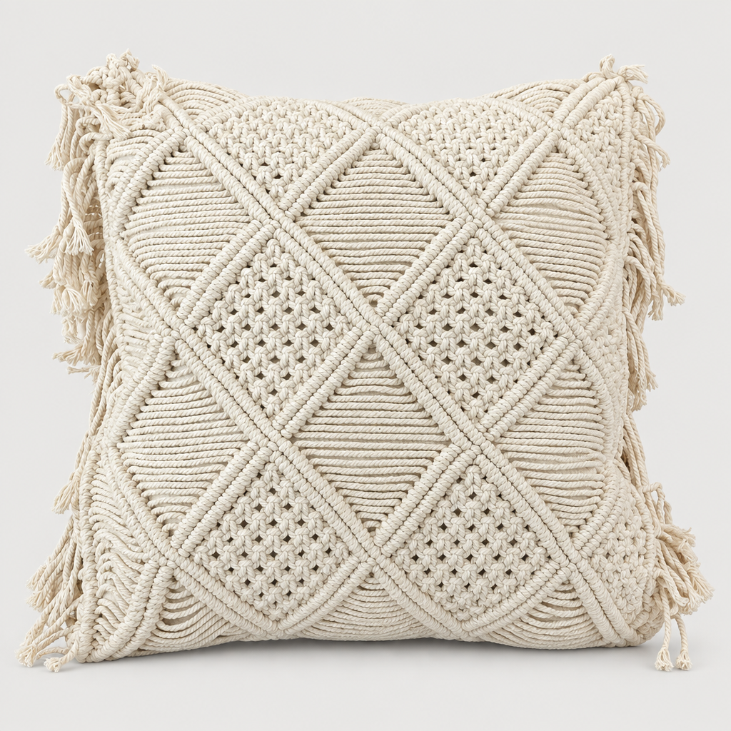 Square off-white cotton cover with dense central diamond knotwork, 45 × 45 cm